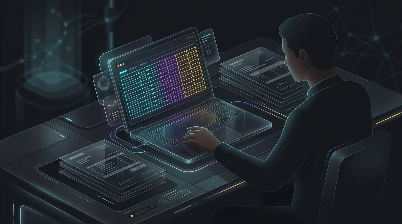 Person organizing bank statements and loan documents into a spreadsheet to assess their financial reset progress.
