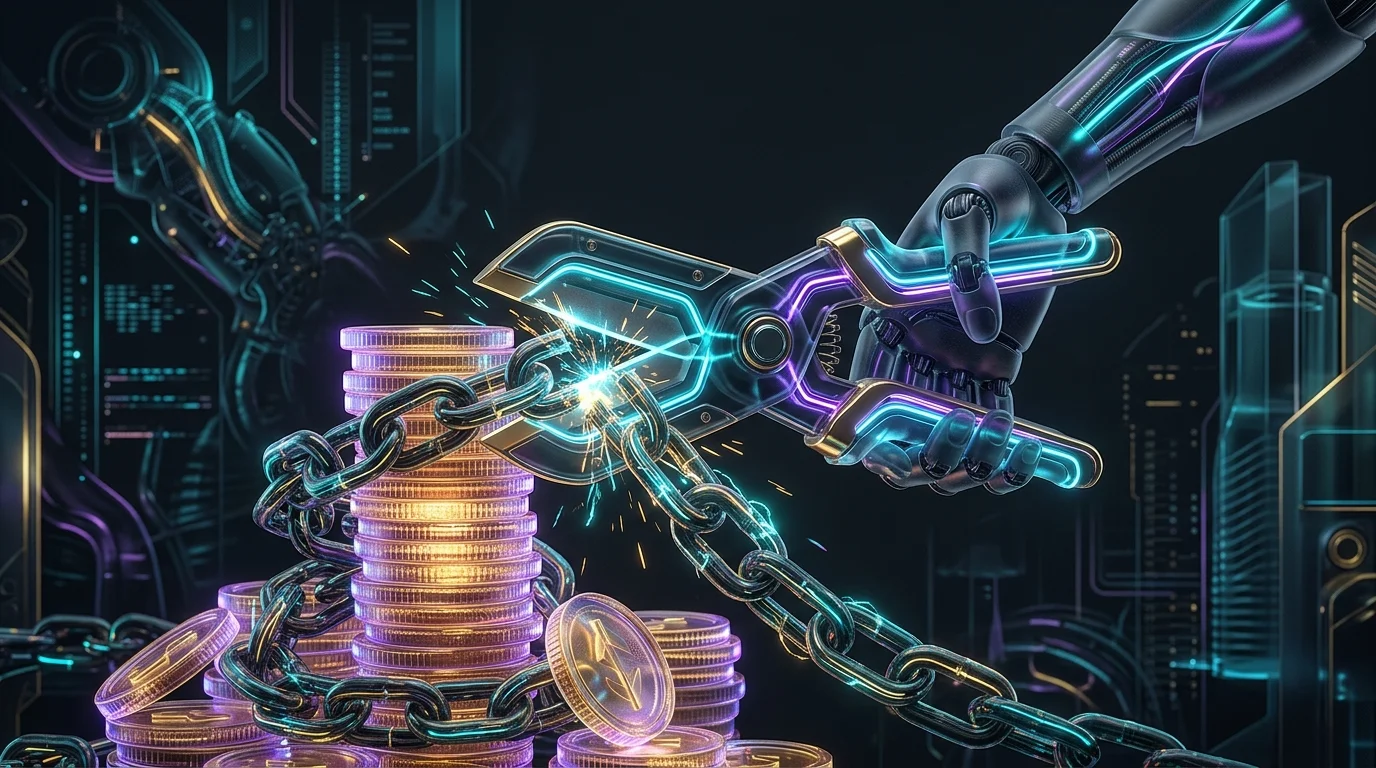 Metal shears cutting a heavy chain around coins to represent eliminating high-interest debt for a financial reset.