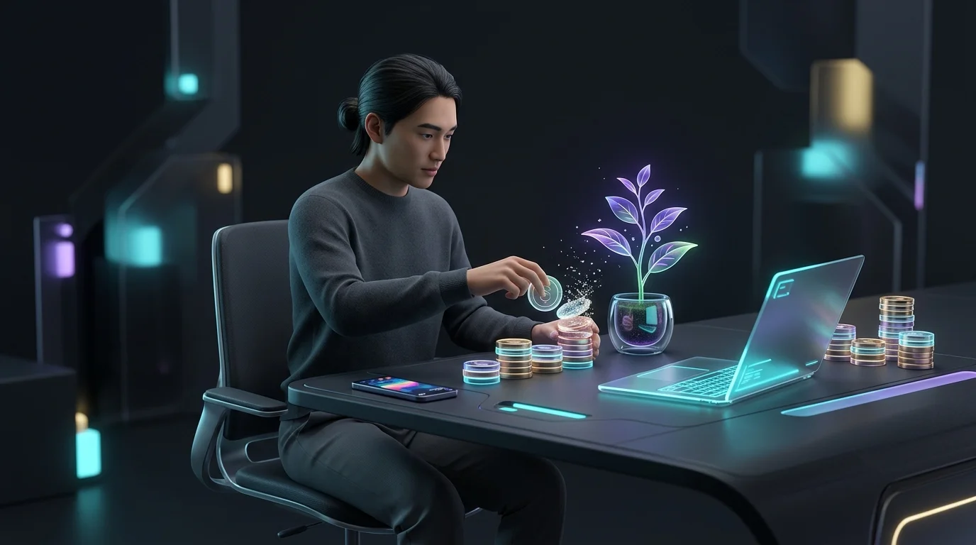 Person at a laptop organizing coins into a growing plant to symbolize building a side hustle for a financial reset.