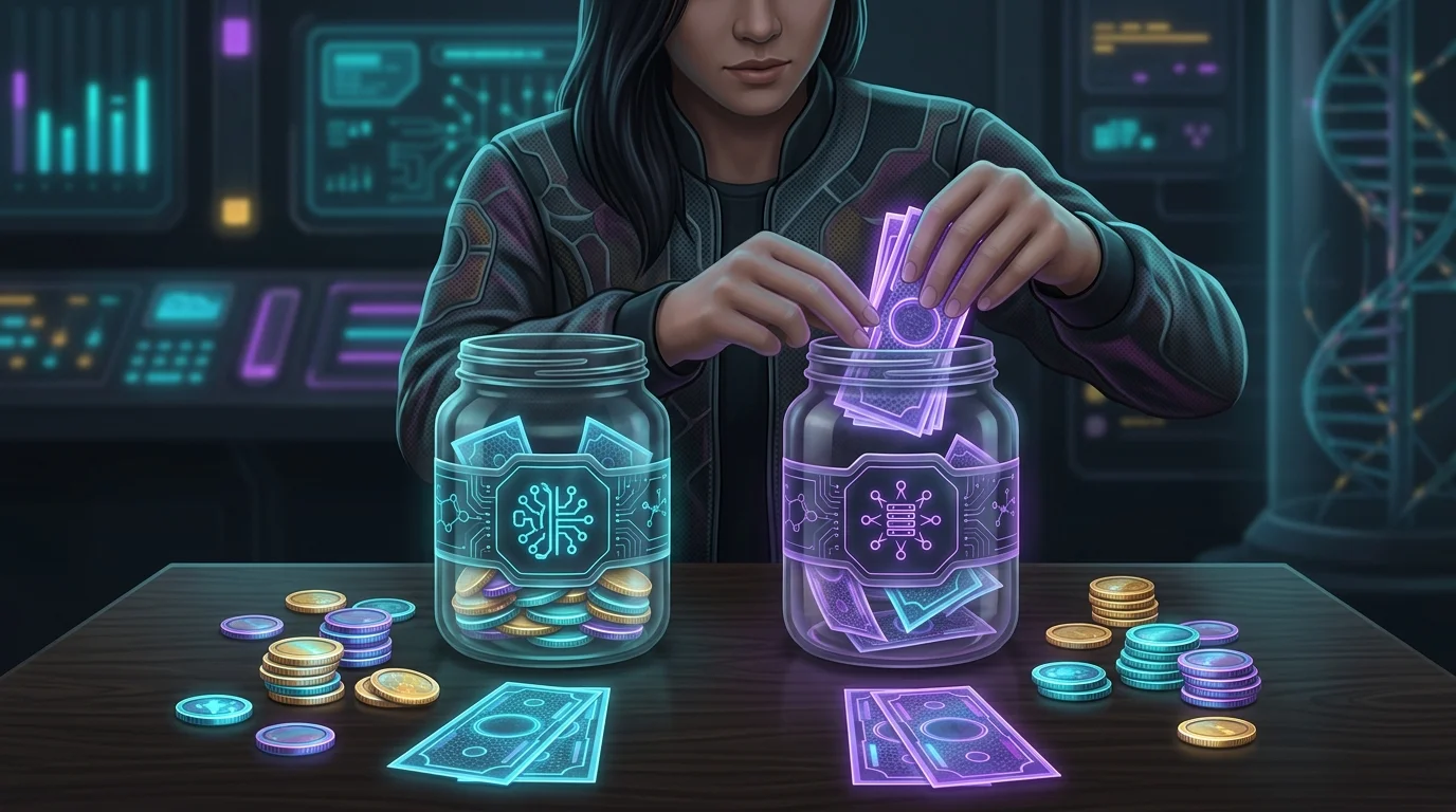 Person organizing cash into labeled jars to manage household finances and dementia care costs.