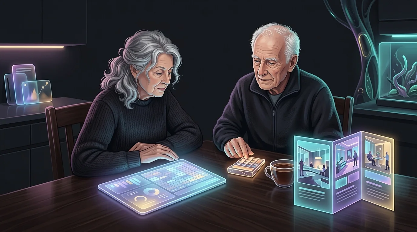 Elderly couple reviewing financial documents and assisted-living brochures to plan dementia care costs.