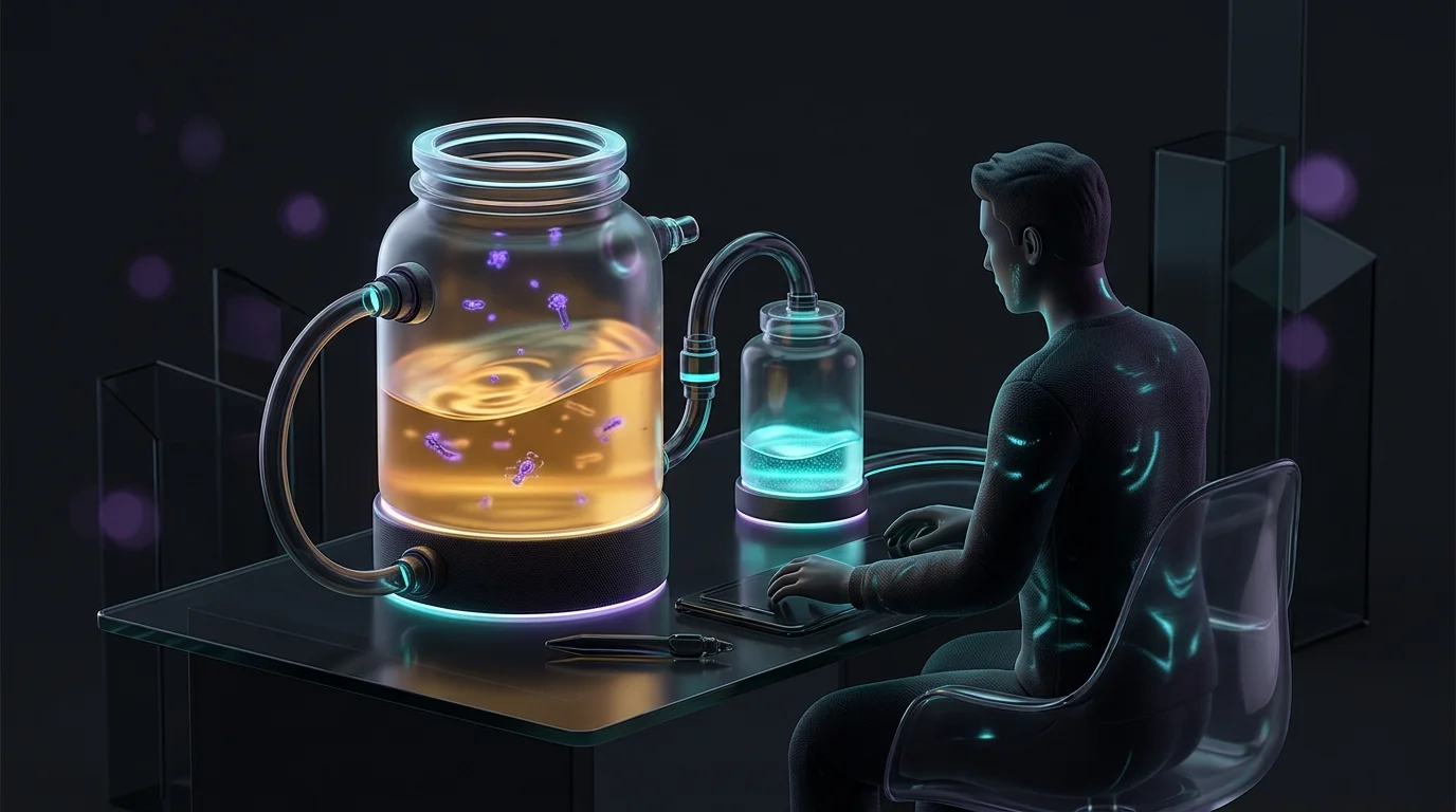 Person at a desk comparing a full income jar to a smaller liquid amount to identify financial gaps during illness.