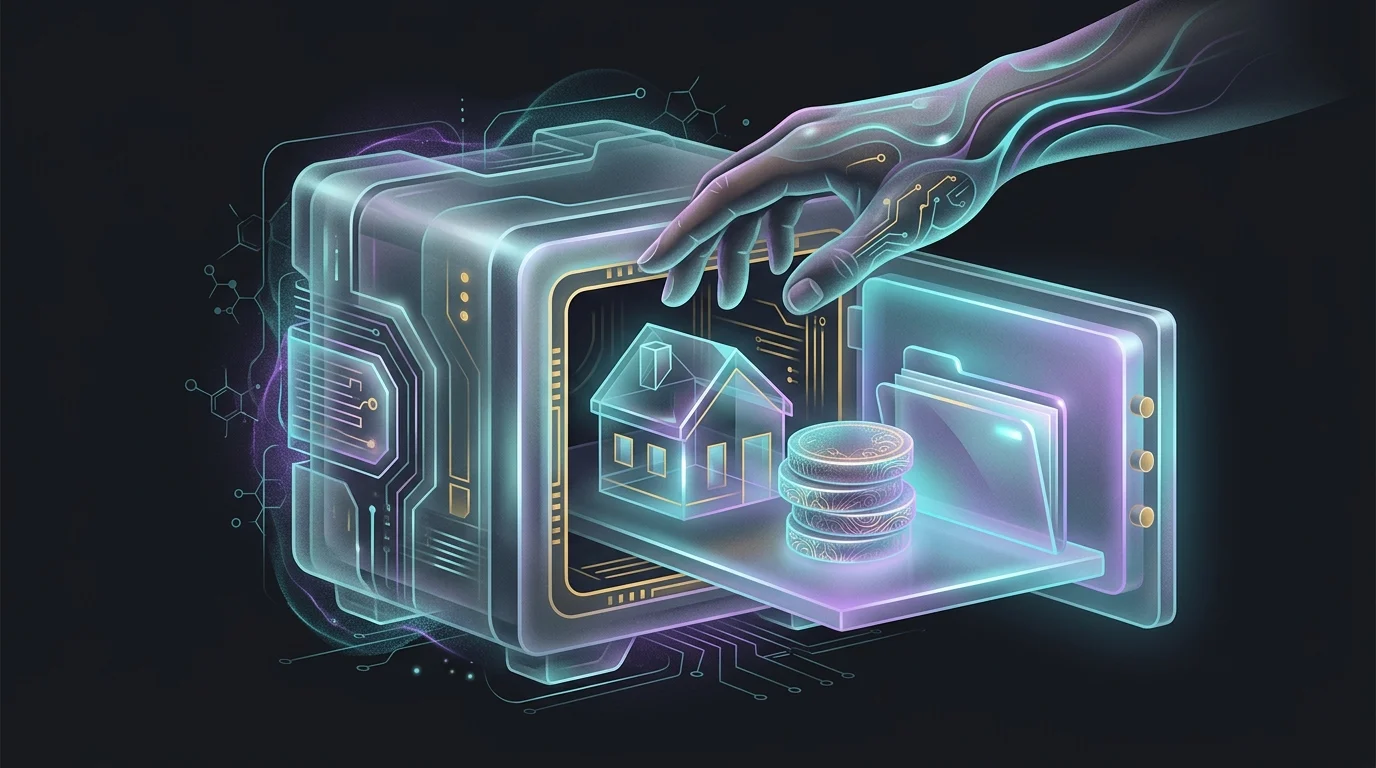 Person placing home, savings, and legal documents into a secure digital vault to protect assets during illness recovery.