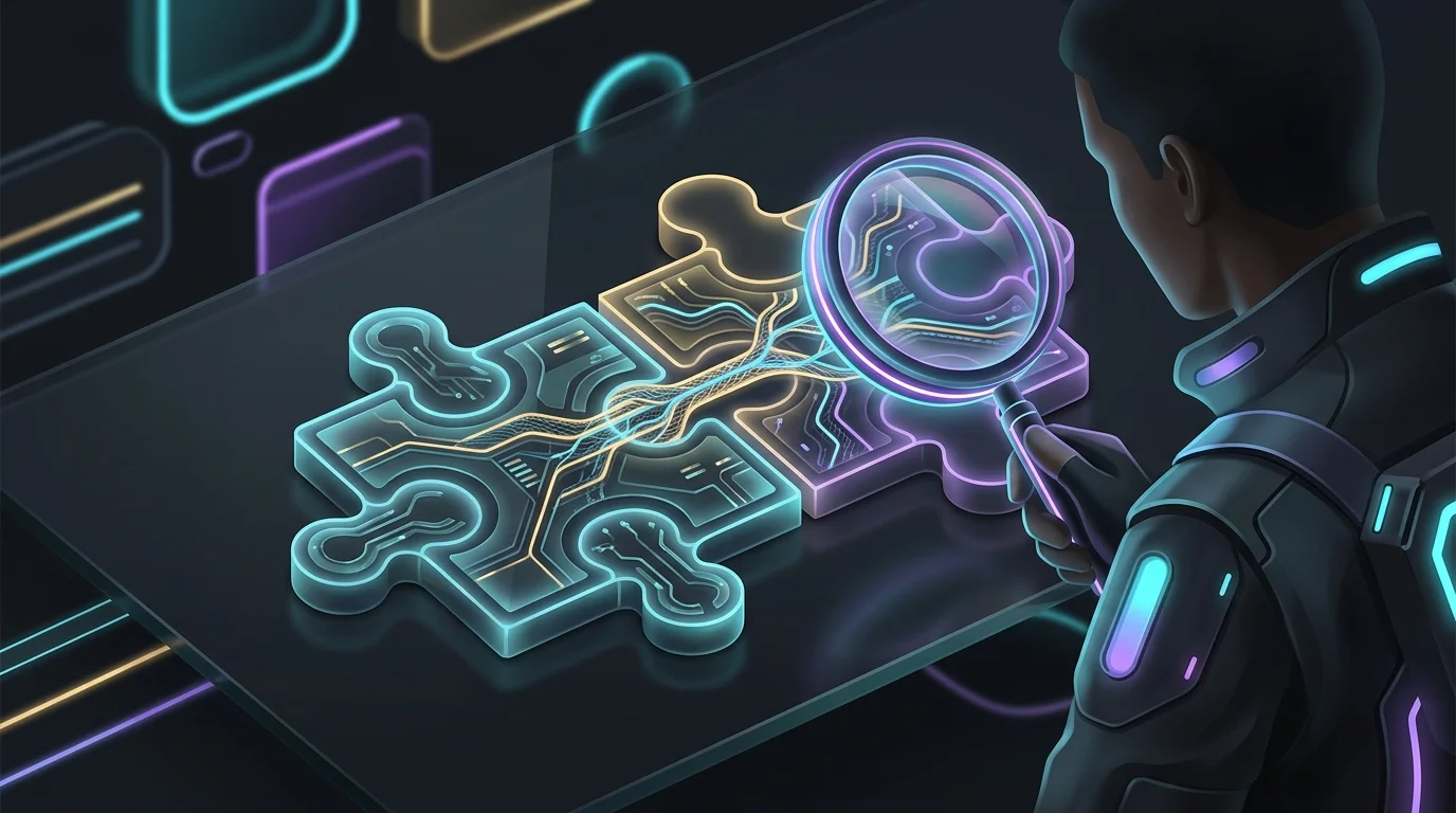 Person using a magnifying glass to connect career change puzzle pieces by identifying transferable skills.