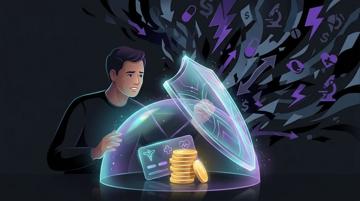 Person protecting coins and a medical card with a glass shield to manage career change healthcare costs.