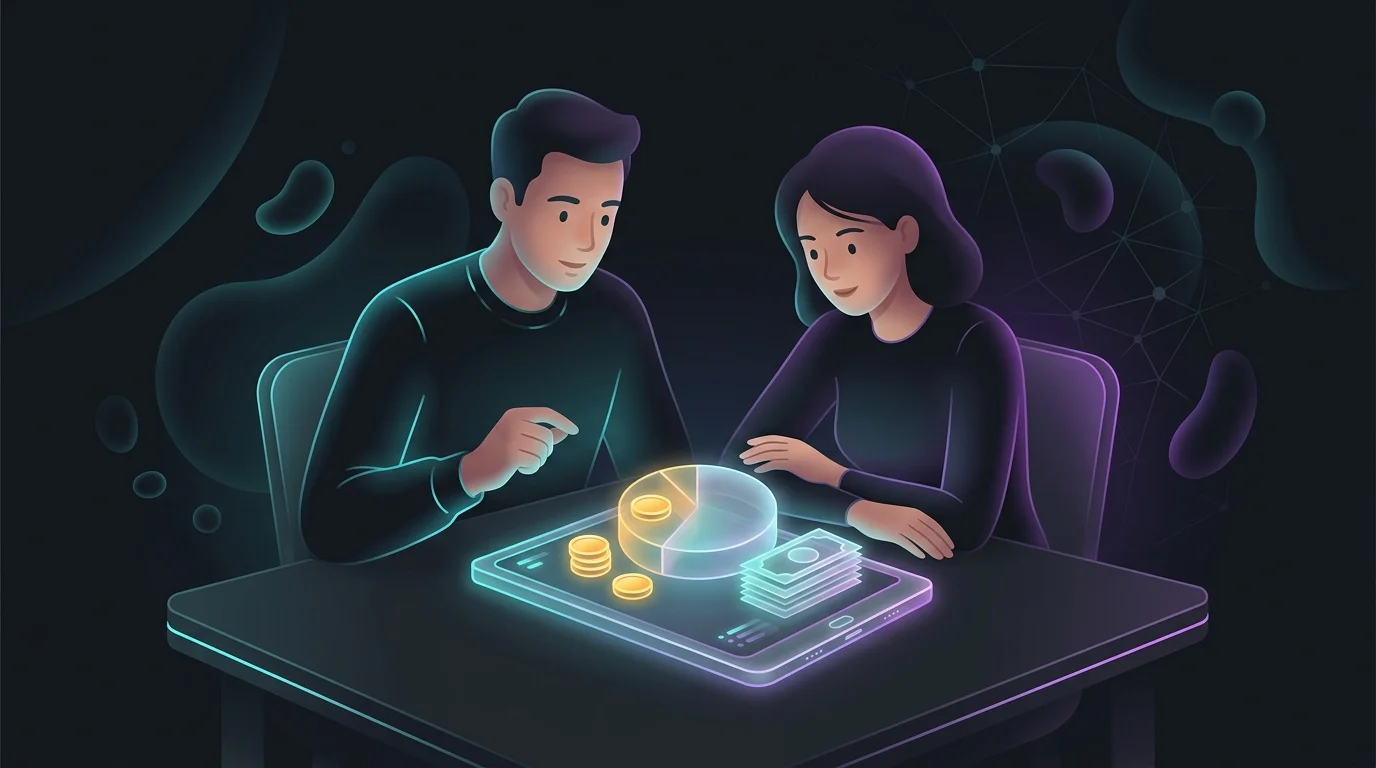 Couple using a tablet to balance income and expenses for a unified blended family budget.
