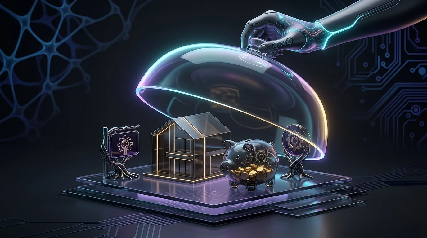 Person placing a glass dome over a house, piggy bank, and business sign to protect blended family assets.