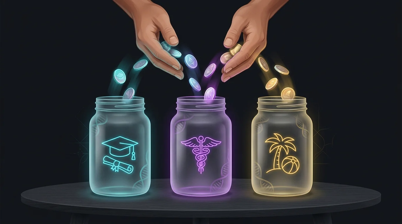 Hands adding coins to labeled jars for college, medical, and vacation funds to manage blended family finances.
