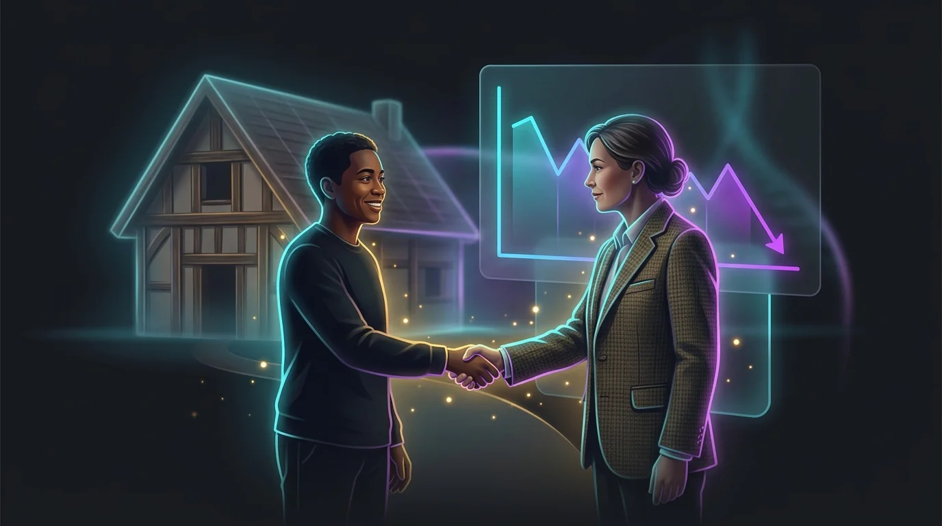 Local banker shaking hands with a client to discuss regional finance and interest rate trends at a farmhouse.