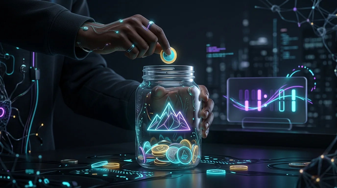 Person adding coins to a retirement savings jar to build wealth in a small town.
