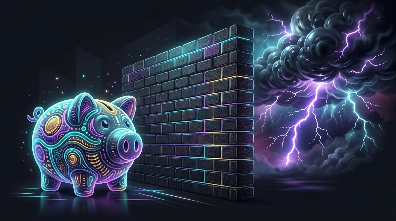 Sturdy brick wall protecting a piggy bank from a lightning storm to illustrate essential wealth protection insurance.