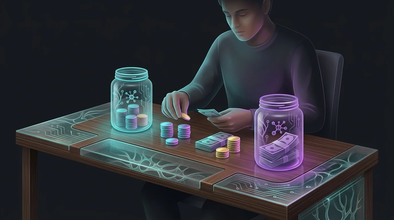 Person organizing cash into labeled jars to build wealth and manage a realistic budget.
