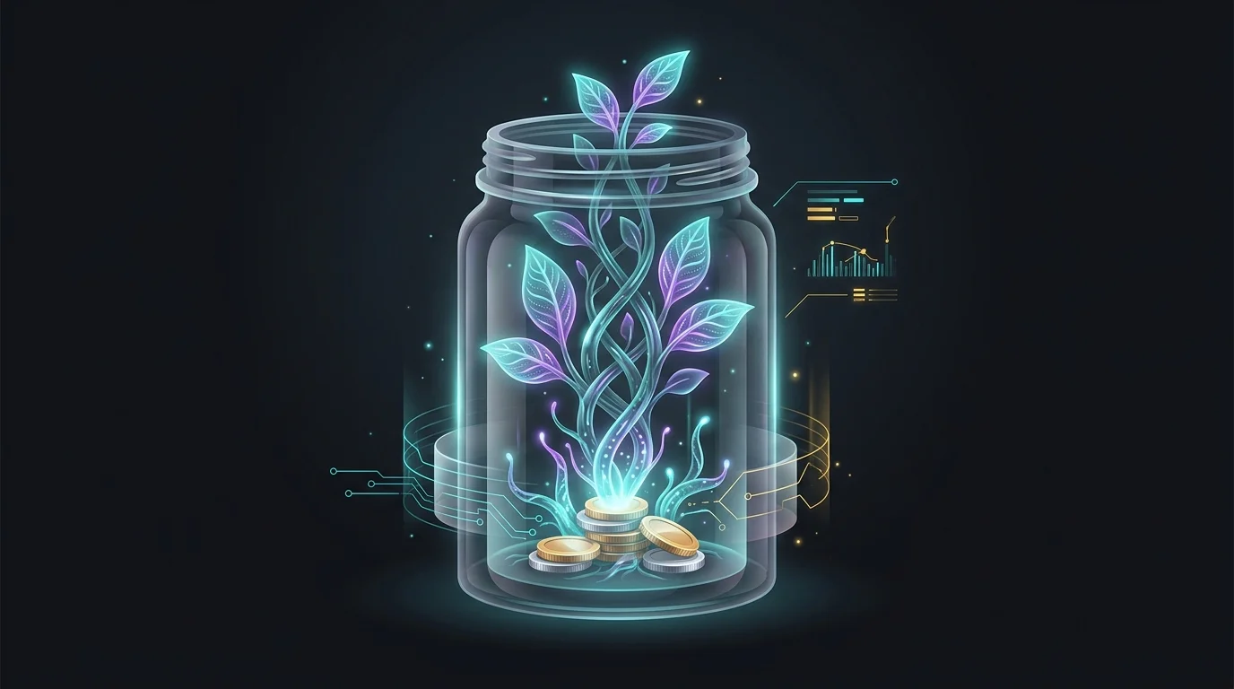 Small stack of coins growing into a plant in a jar to represent long-term wealth building with index funds.