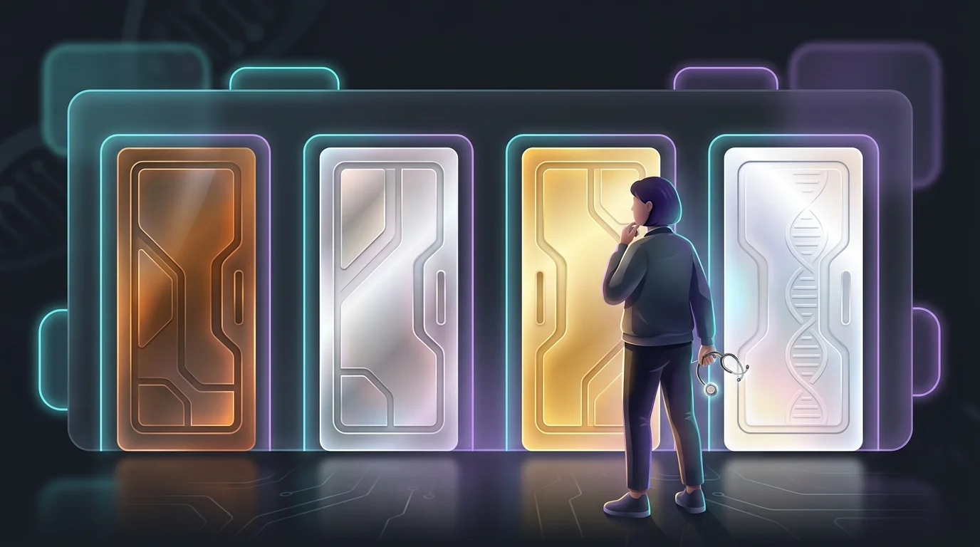 Person holding a stethoscope choosing between Bronze, Silver, Gold, and Platinum health insurance plan doors.