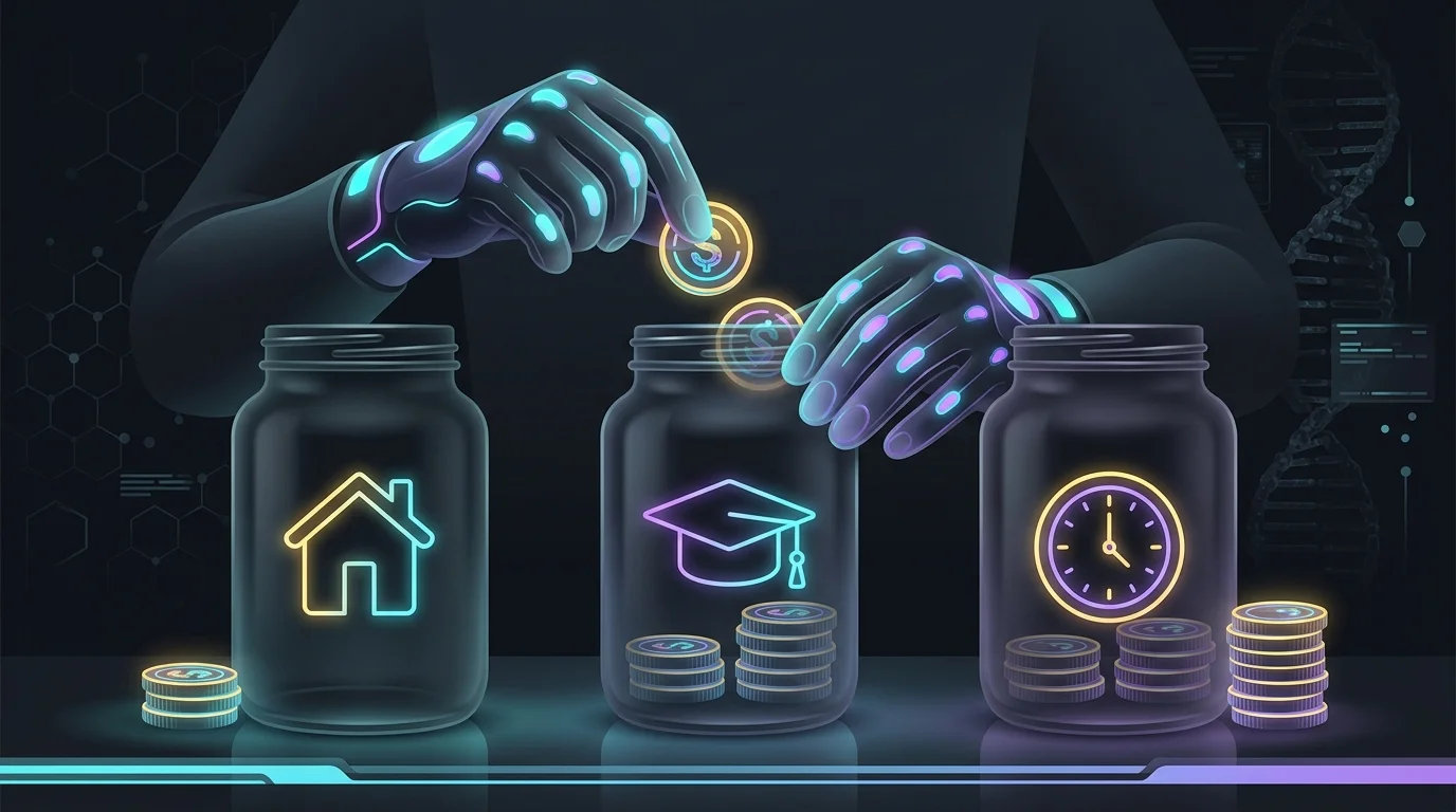 Person stacking coins into jars labeled for home, education, and retirement savings goals in U.S. financial systems.