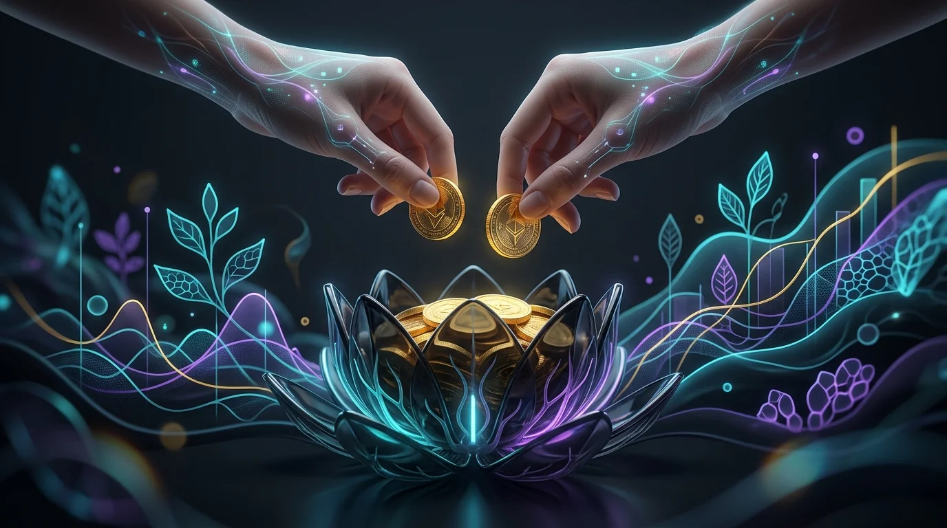 Hands placing gold coins into a lotus donation bowl to represent Hindu ethical investing and charitable giving.