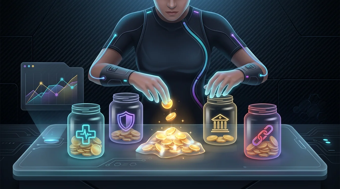 Person carefully dividing coins into labeled jars to practice stewardship and manage personal finance goals.