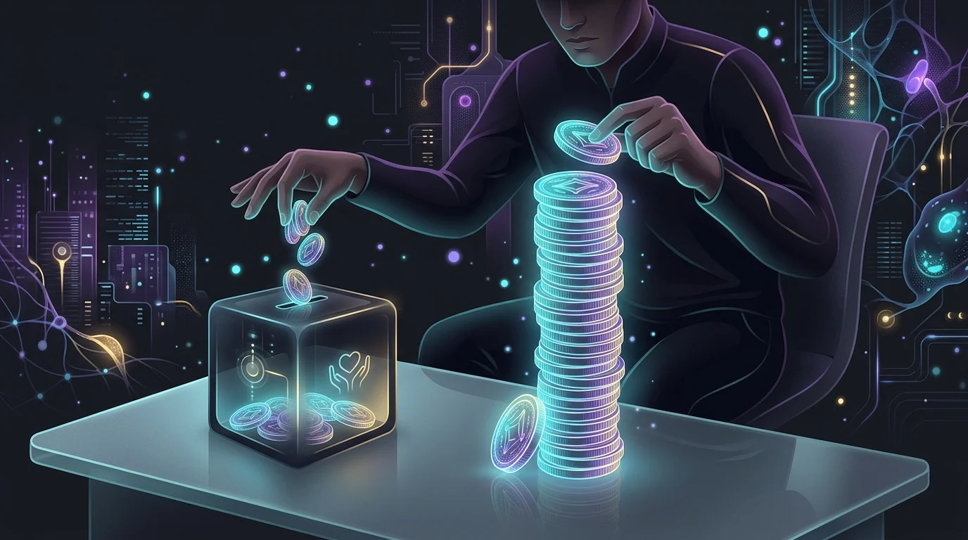 Person stacking coins to pay off debt while placing a portion into a charity box for Jewish personal finance planning.