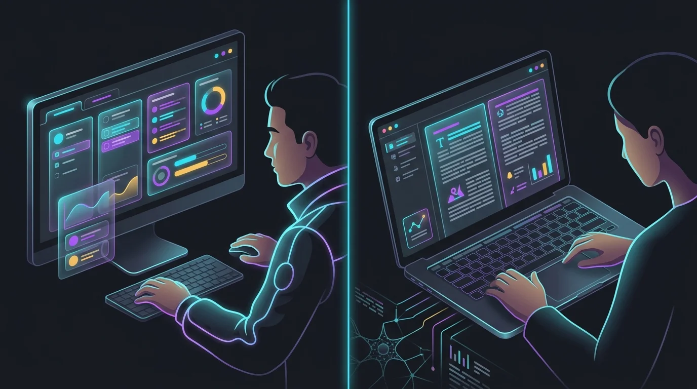 Split-screen view of a task-tracking dashboard and document editor comparing ClickUp Brain and Notion AI workflows.