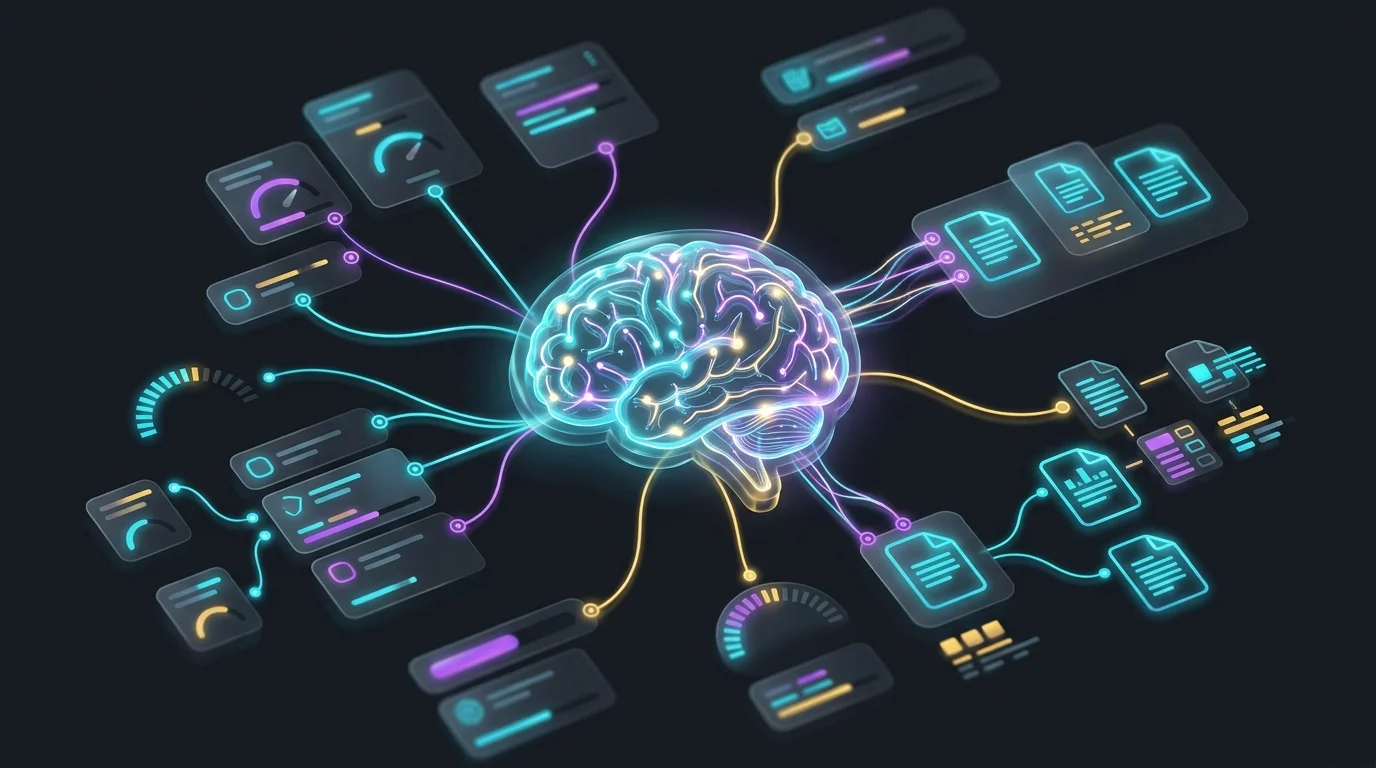 ClickUp Brain icon visualizing AI-driven project management tasks and document summaries on a dashboard.