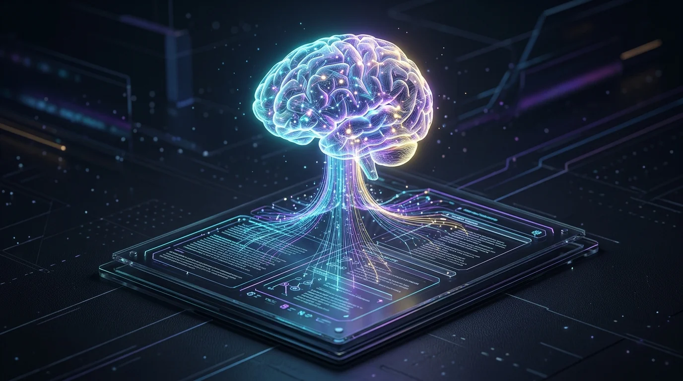 Glowing digital brain refining text within a Notion AI document page for improved project management efficiency.