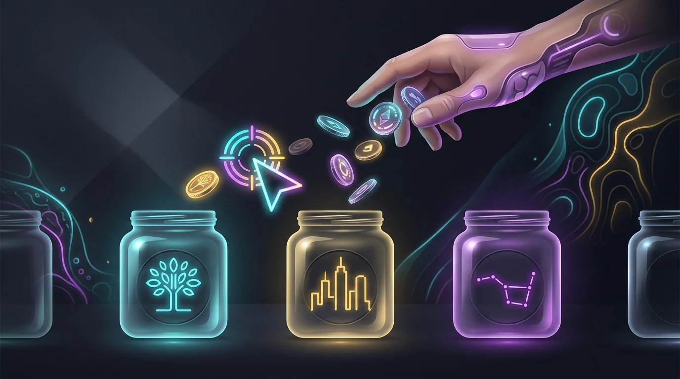 Digital cursor automatically sorting coins into labeled jars to demonstrate Copilot Money AI categorization accuracy.