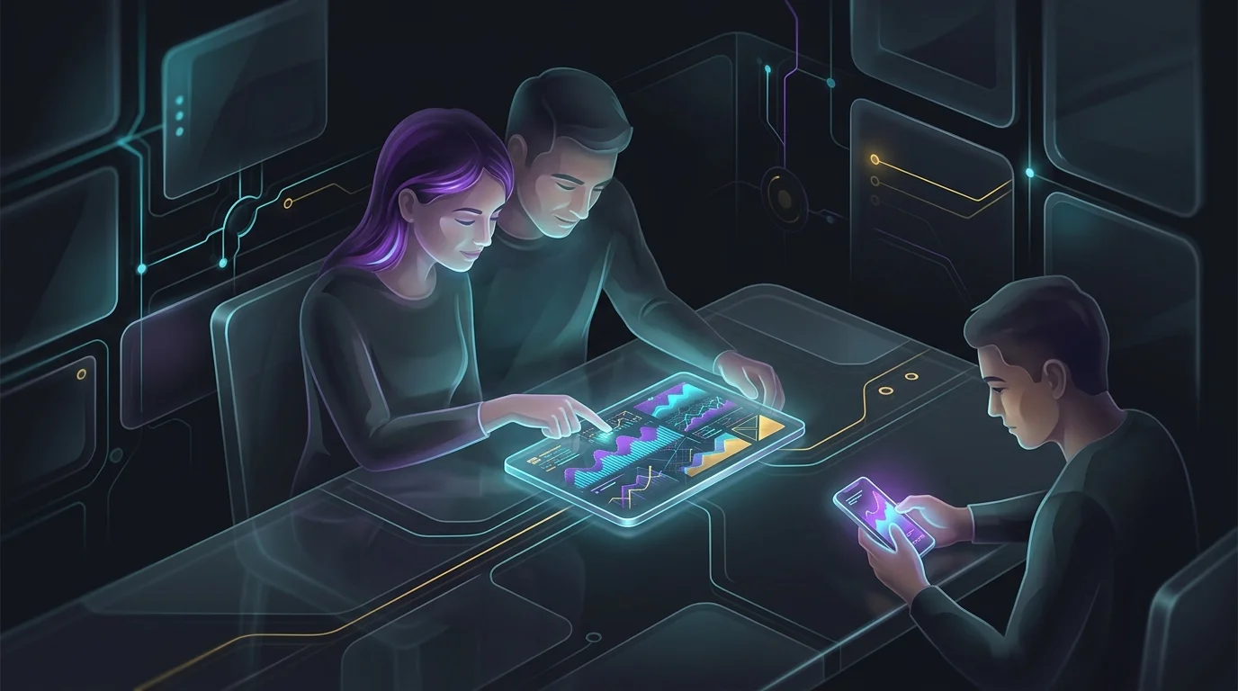 Couple viewing a shared Monarch Money household budget on a tablet while a solo user monitors a personal finance app.