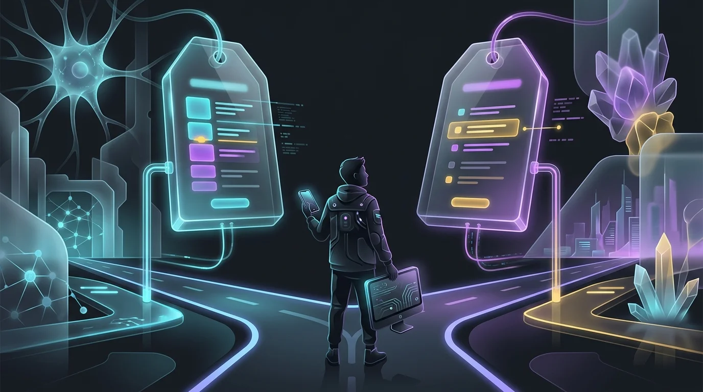 Person choosing between Copilot and Monarch Money subscription plans at a crossroads.