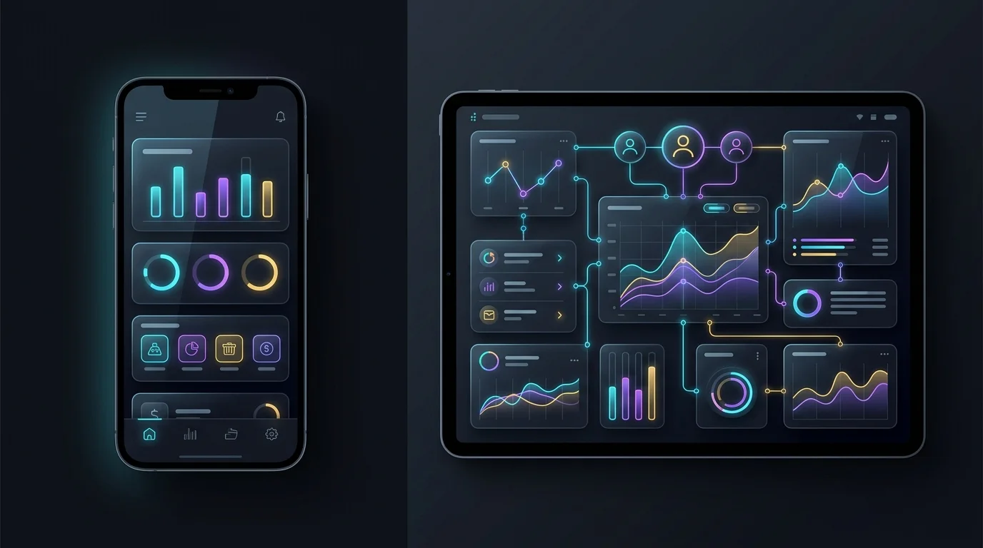 Smartphone showing a minimalist Copilot budget next to a Monarch Money multi-user dashboard for financial planning.