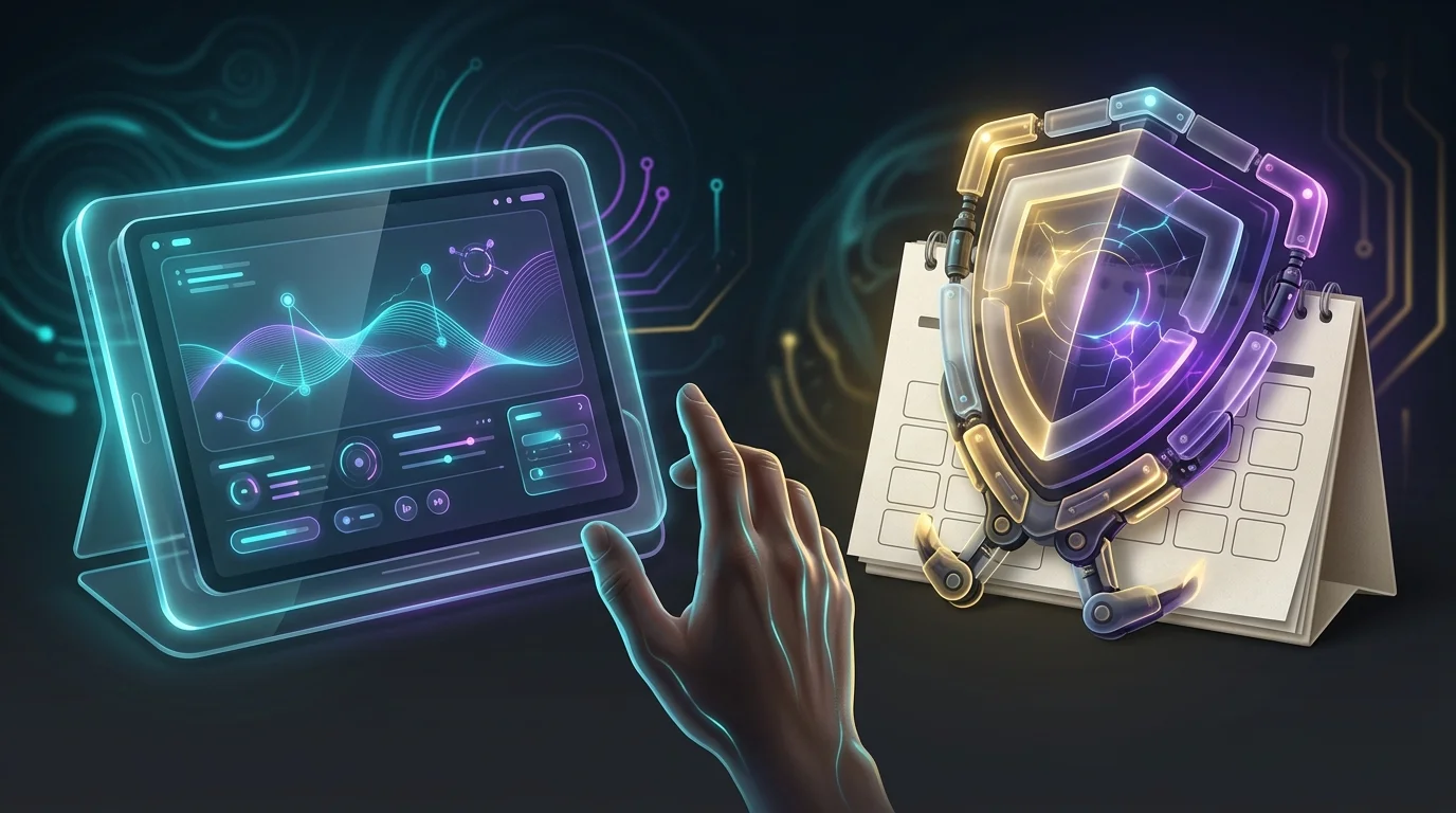 Hand choosing between an all-in-one Motion digital dashboard and a Reclaim AI automated calendar shield.