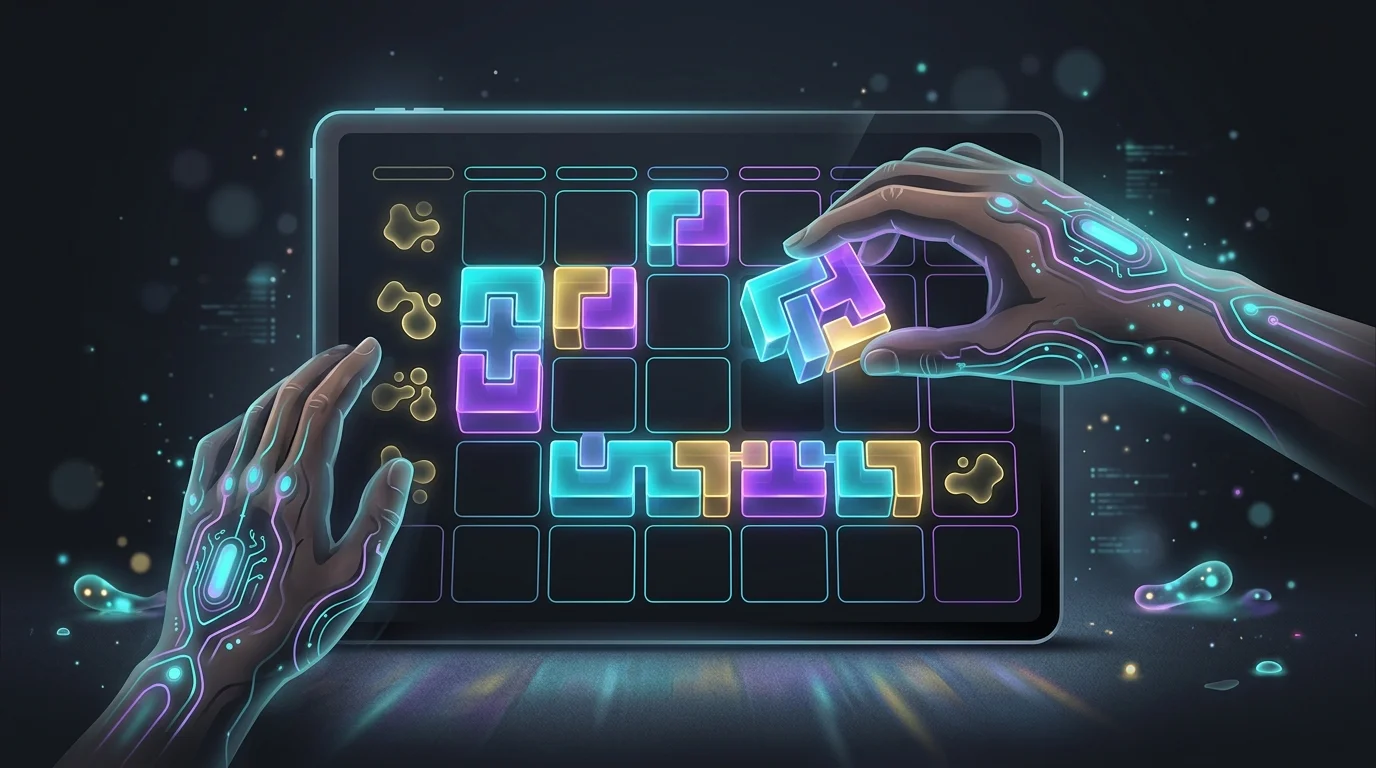 Hands placing puzzle blocks into a calendar grid to protect focus time in Reclaim AI.