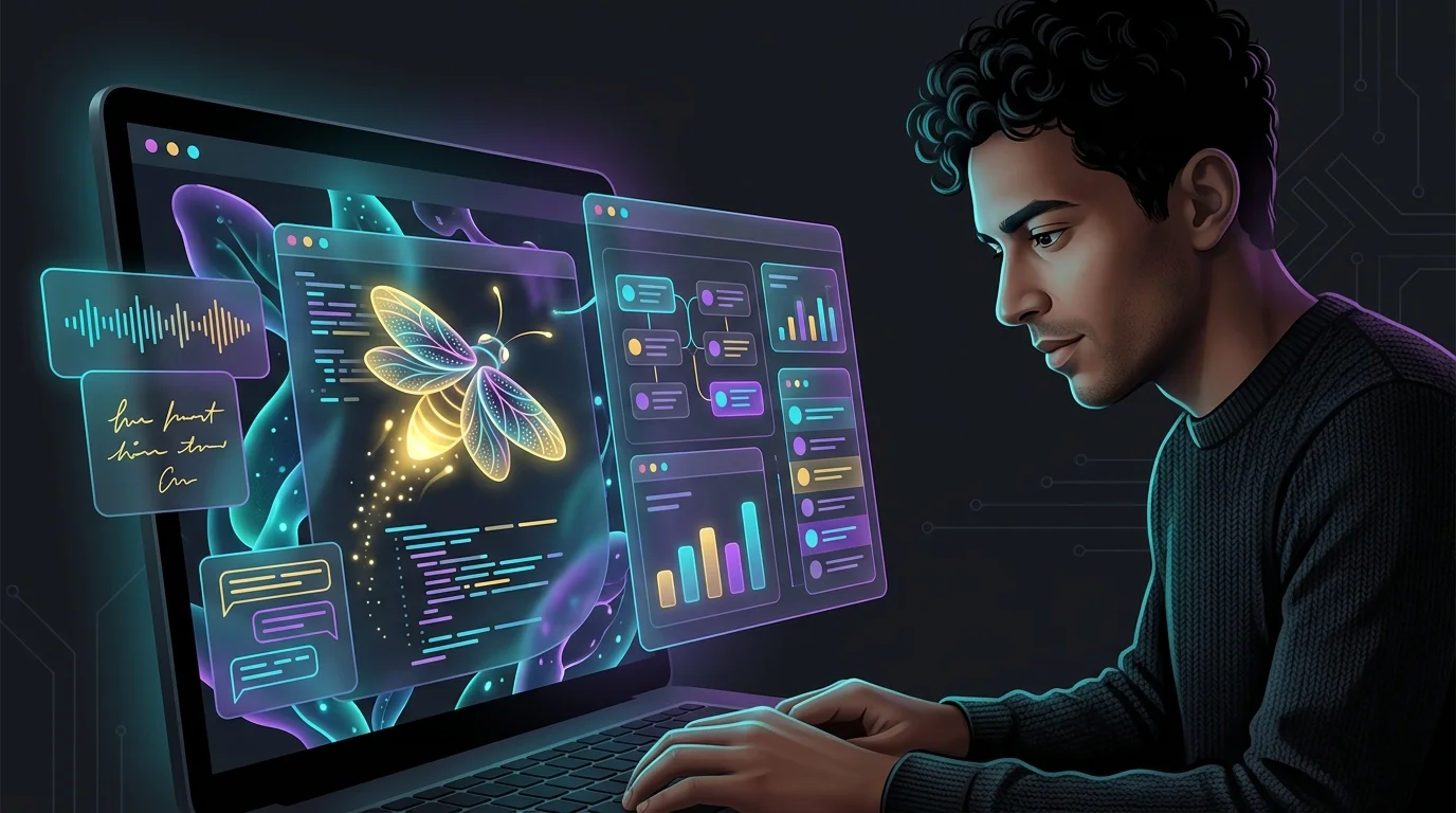 Glowing digital firefly populating a CRM database with AI meeting notes on a laptop screen for sales teams.