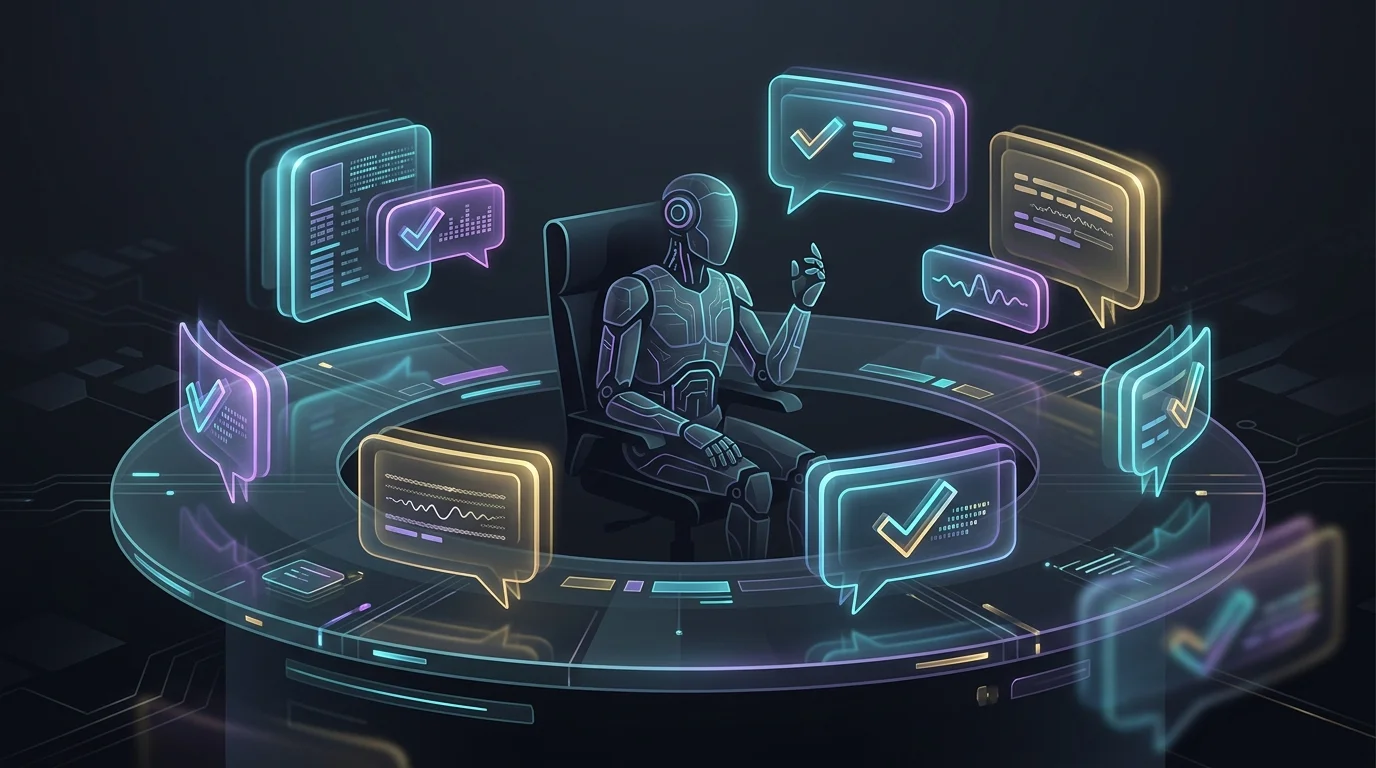 Digital robot assistant at a conference table generating AI meeting notes with transcripts and action items.