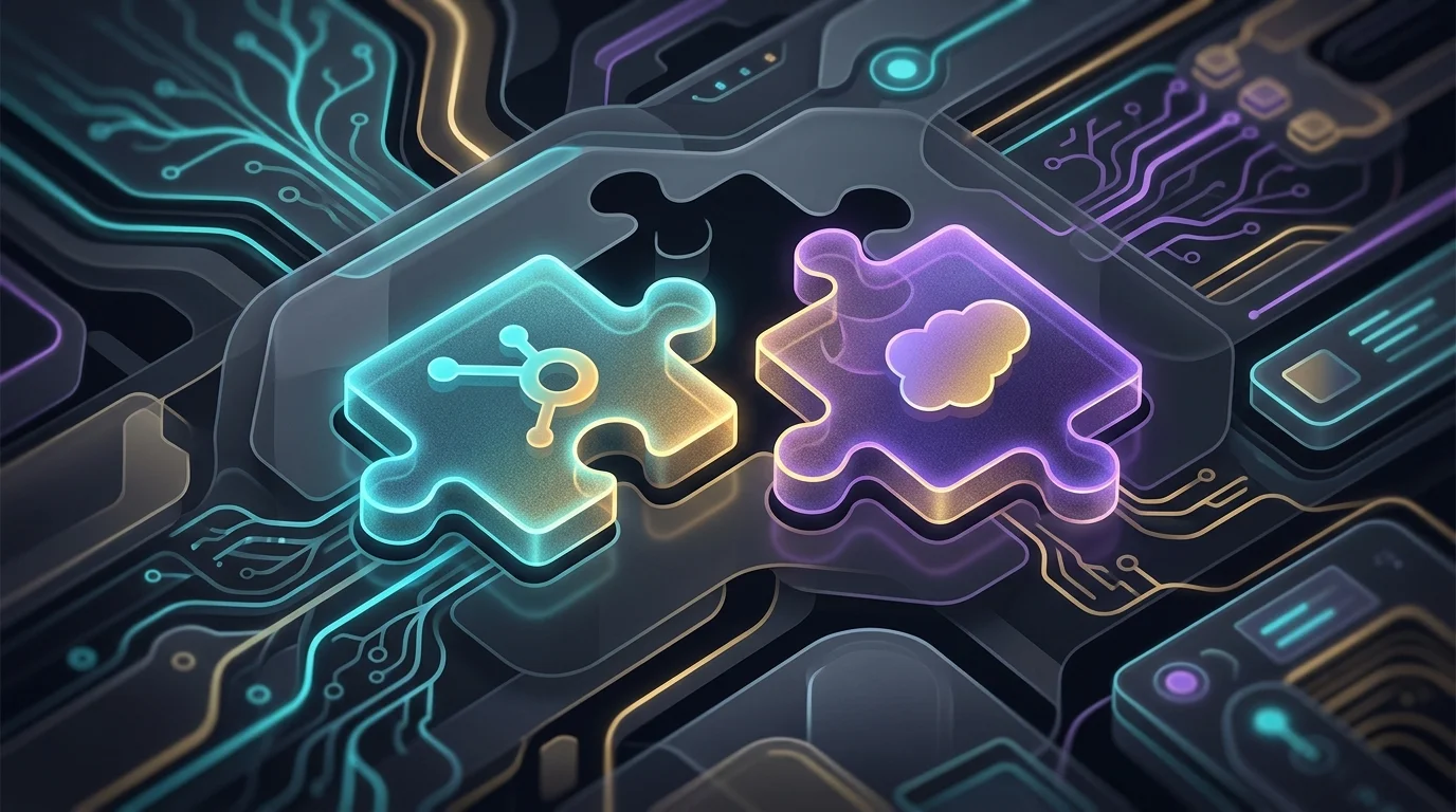 HubSpot and Salesforce puzzle pieces failing to fit into a complex AI machine interface, illustrating integration limits.