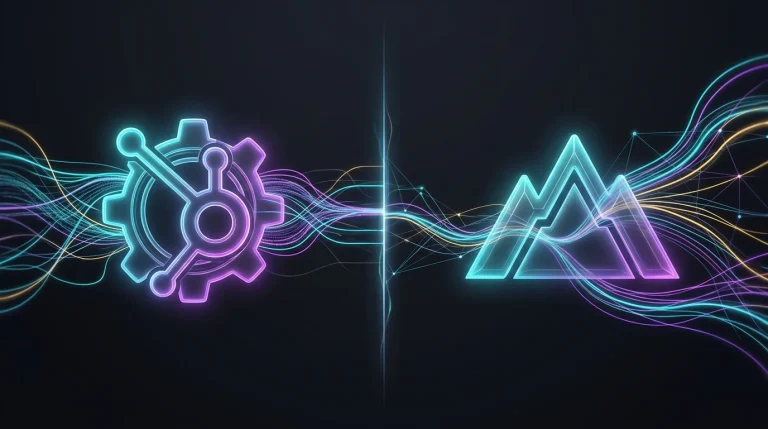 HubSpot Breeze and Salesforce Einstein logos connected by glowing data streams representing AI integration.