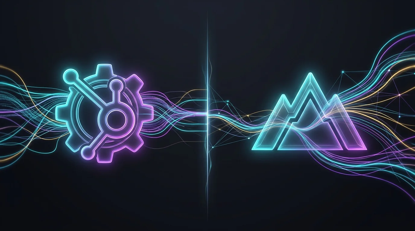 HubSpot Breeze and Salesforce Einstein logos connected by glowing data streams representing AI integration.