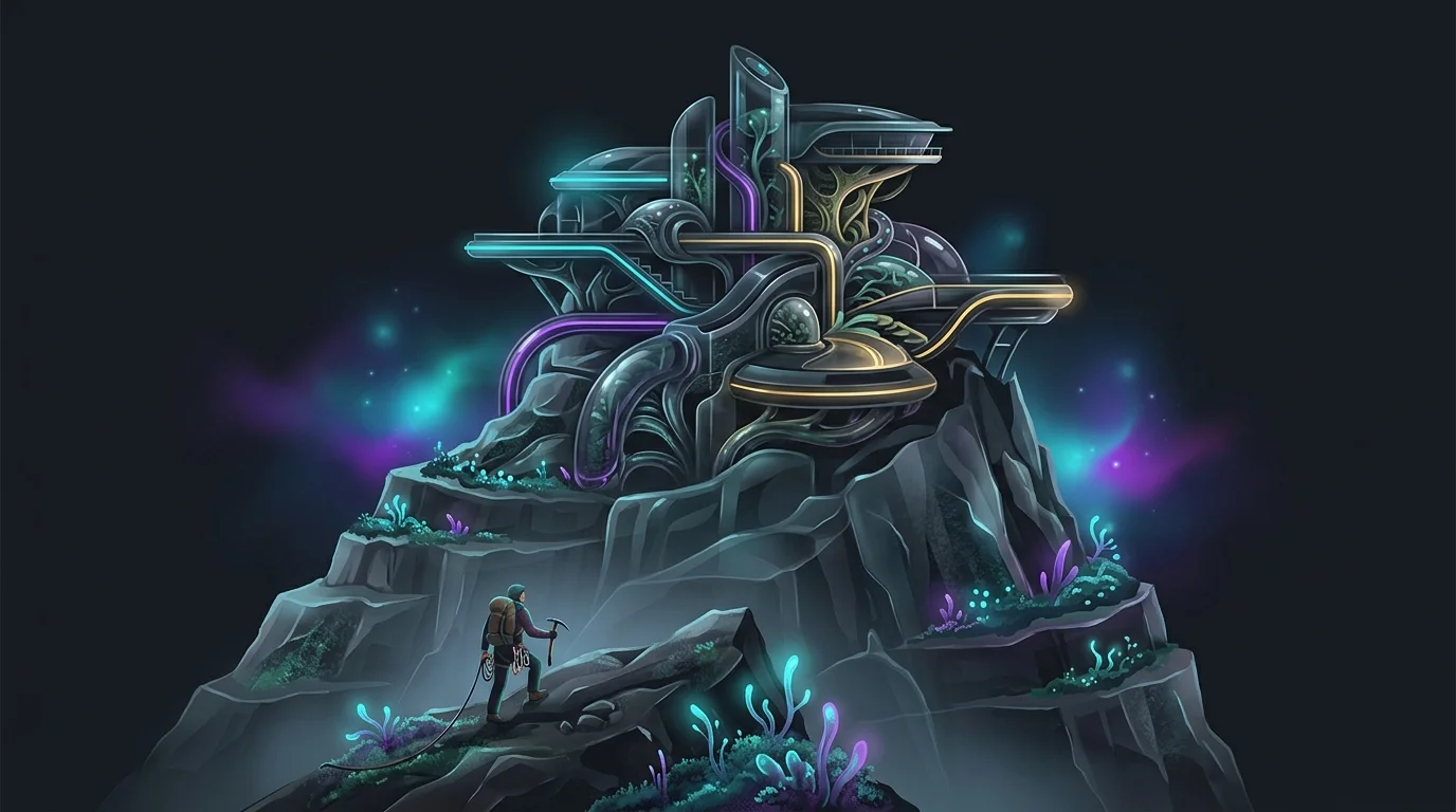 Mountain landscape showing a small climber on a base tier and high-tech AI structures at the expensive summit.