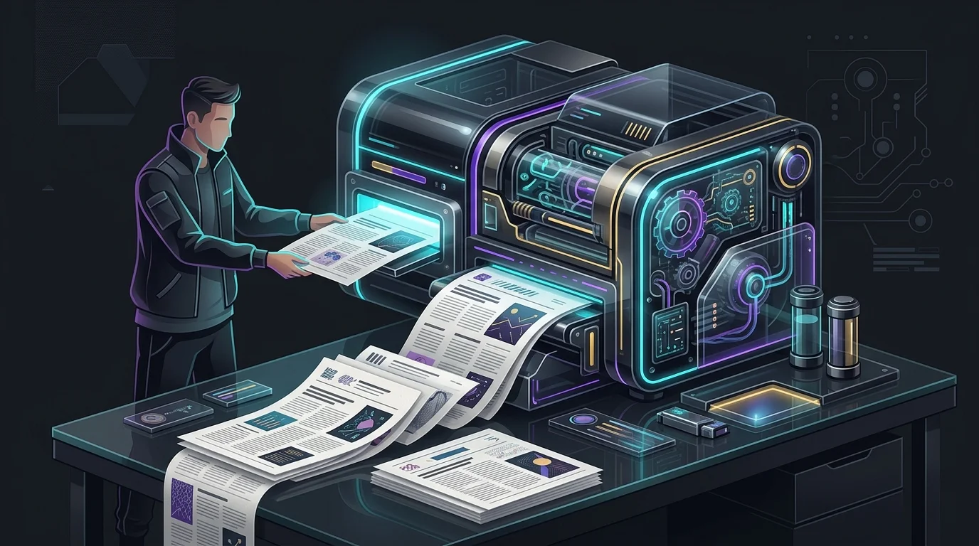 A robotic printer generating consistent, branded long-form SEO content for Jasper users.