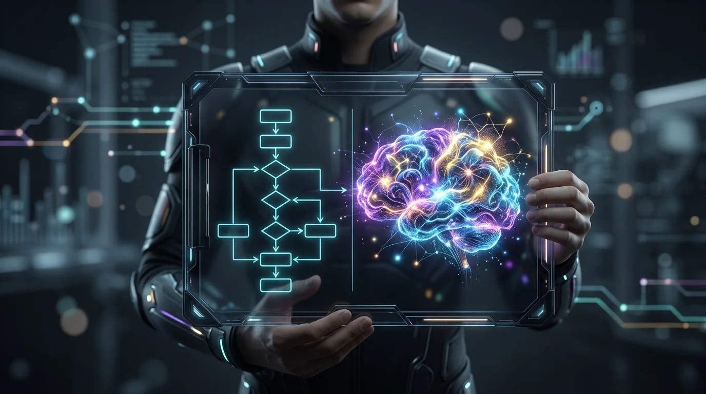 Person weighing a simple rule-based flowchart against complex AI judgment to choose between Lindy and Zapier.