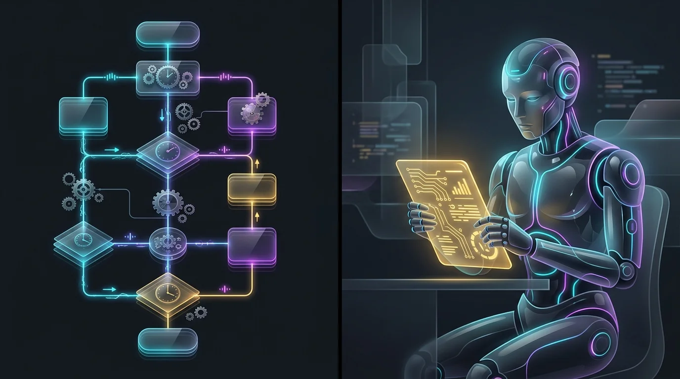 Split-screen illustration comparing rigid Zapier clockwork automation to Lindy AI agent reasoning models.