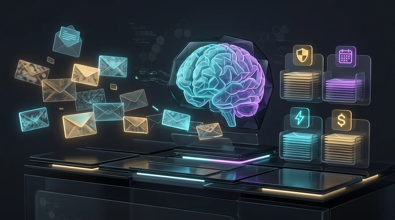 Digital brain sorting messy emails into organized, labeled categories to demonstrate Lindy AI agent inbox management.