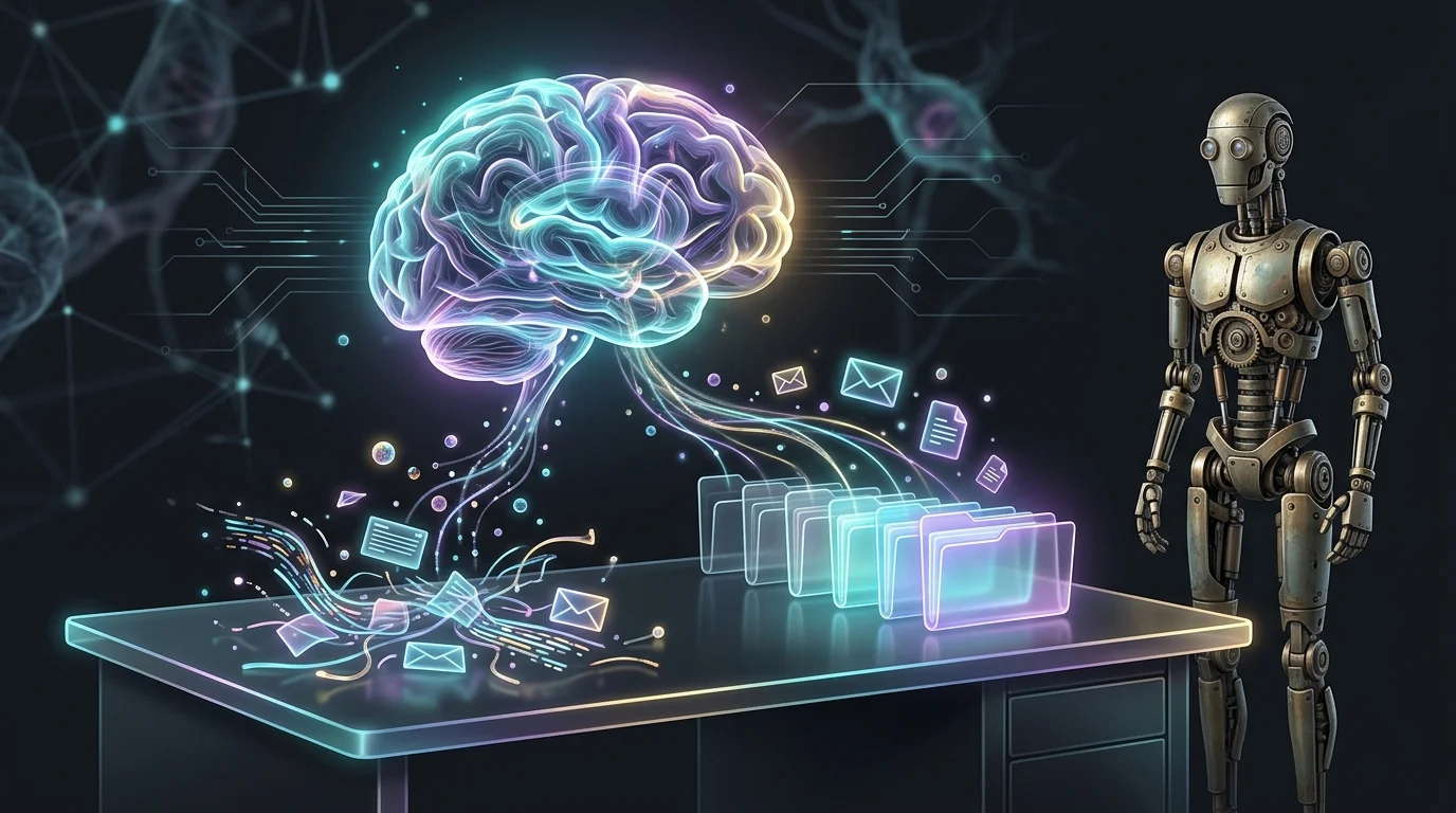 Lindy AI agent sorting emails with intelligence compared to a rigid robot for smarter workflow automation.
