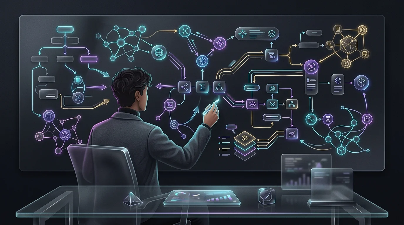 Person sketching complex Make scenario workflow on a whiteboard to visualize AI automation logic.
