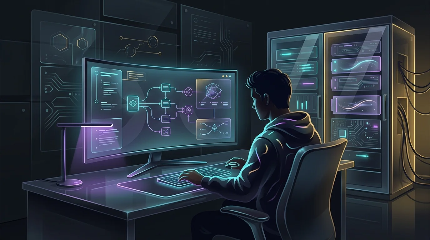 Developer building node-based automation workflows on an n8n dashboard with a server rack in the background.