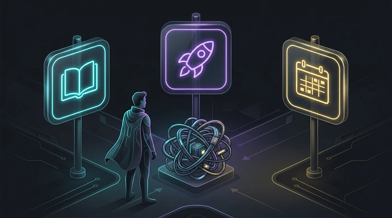 Person at a crossroads choosing between Notion, ClickUp, and Motion to solve project management bottlenecks.