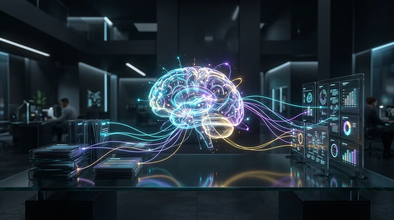 Glowing digital brain connecting organized documents and project boards within Notion AI workspace.