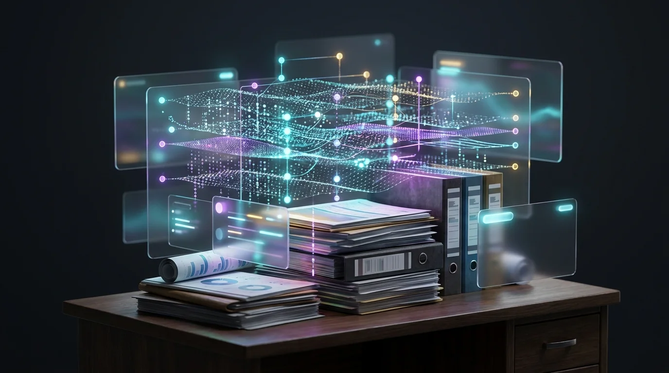 Glowing digital data layer overlaying documents to illustrate Notion AI workspace integration for remote teams.