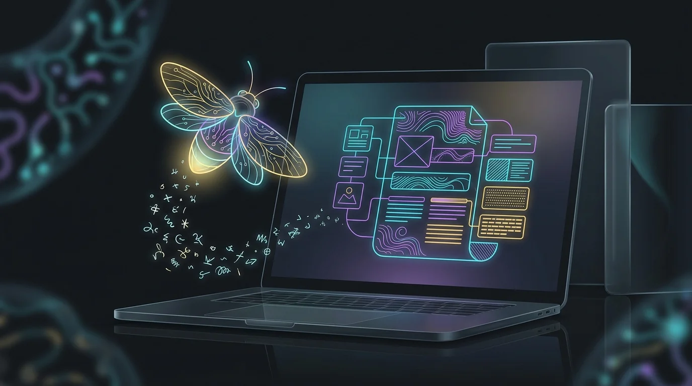 Digital firefly icon transforming handwritten notes into an organized AI sales meeting summary on a laptop screen.