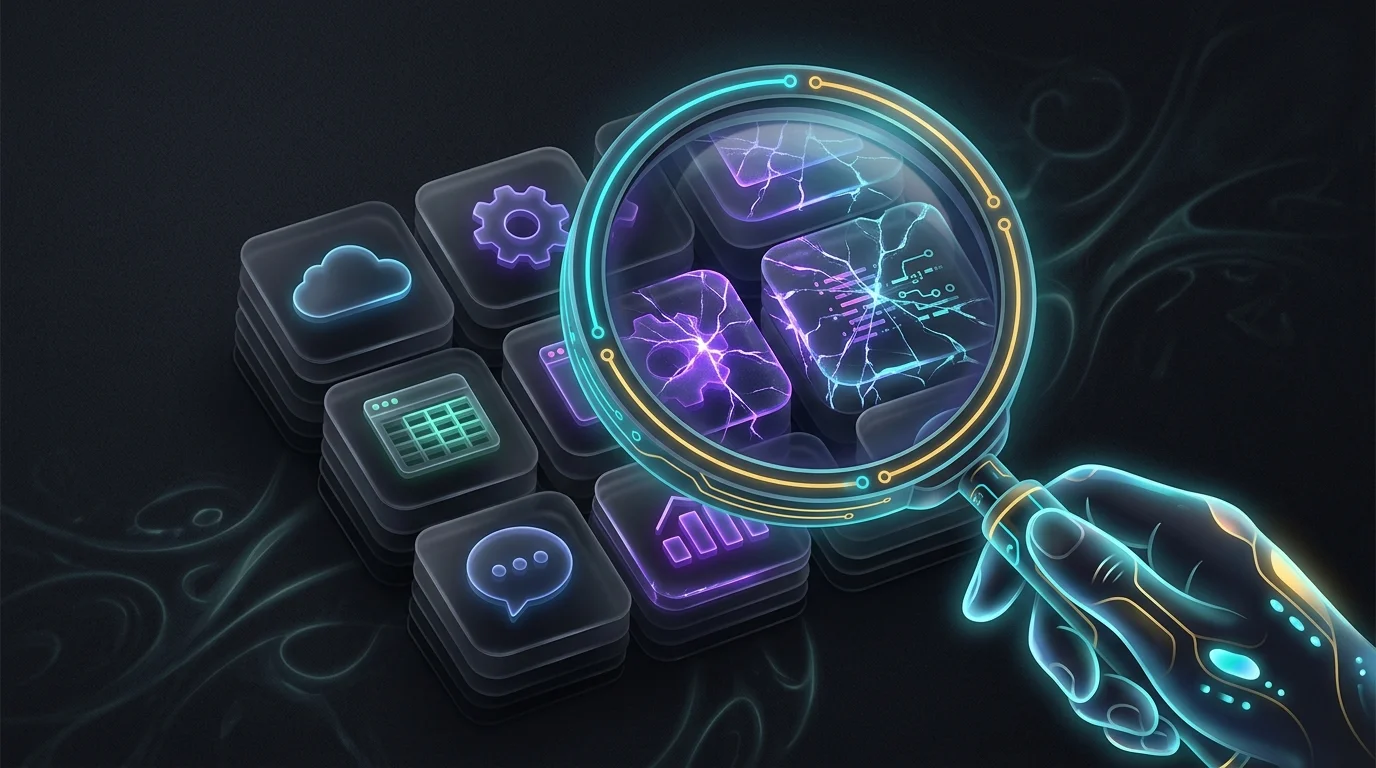 Magnifying glass revealing cracks in digital icons to represent limitations of AI sales tools.
