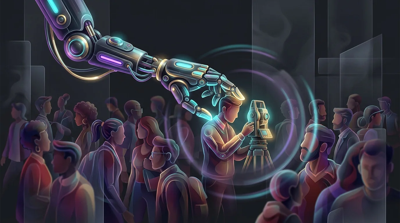Robotic arm selecting a professional candidate from a crowd to illustrate automated sourcing for high-volume hiring.